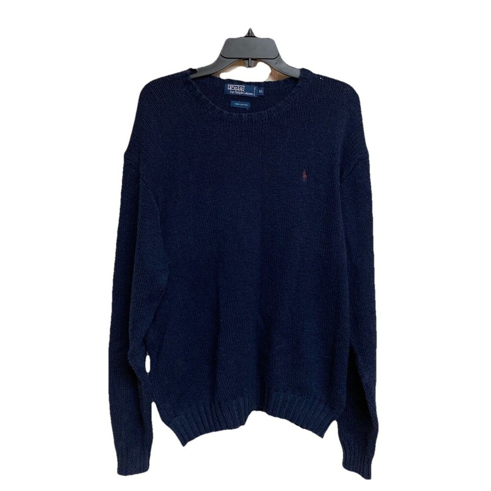Men's VTG Polo Ralph Lauren Cable Knit Sweater Crew Neck Cotton Blue Size XL